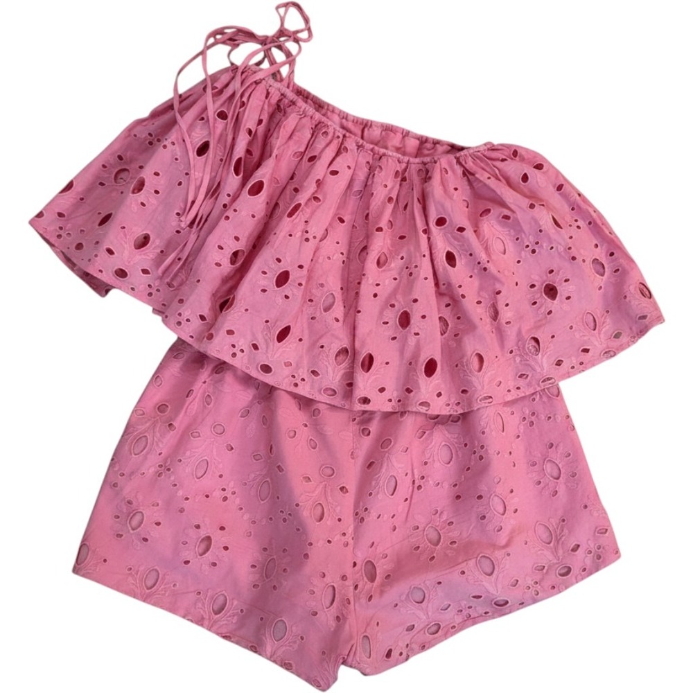 La Fuori Anthropologie Pink Eyelet Off Shoulder Ruffle Romper L Boho EUC